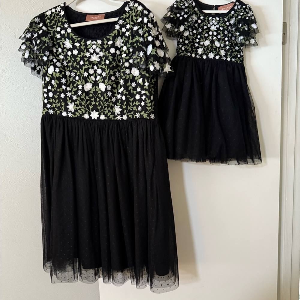 JessaKae Black Dress with White and Green Floral Embroidery